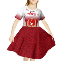 Turkey National Emblem and Cartoon Turkey Bird Kid Short Sleeve Dress with Red and White Gradient Design