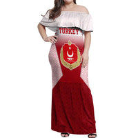 Turkey National Emblem and Cartoon Turkey Bird Off Shoulder Maxi Dress with Red and White Gradient Design
