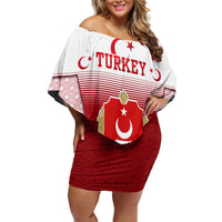 Turkey National Emblem and Cartoon Turkey Bird Off Shoulder Short Dress with Red and White Gradient Design