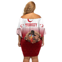 Turkey National Emblem and Cartoon Turkey Bird Off Shoulder Short Dress with Red and White Gradient Design