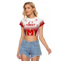 Turkey National Emblem and Cartoon Turkey Bird Raglan Cropped T Shirt with Red and White Gradient Design