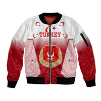 Turkey National Emblem and Cartoon Turkey Bird Sleeve Zip Bomber Jacket with Red and White Gradient Design