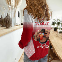 Turkey National Emblem and Cartoon Turkey Bird Women Casual Shirt with Red and White Gradient Design