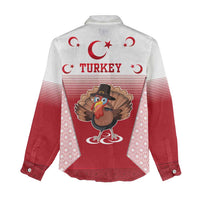 Turkey National Emblem and Cartoon Turkey Bird Women Casual Shirt with Red and White Gradient Design