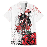 White short-sleeve button-up Hawaiian shirt with skeleton couple graphic and red splatter