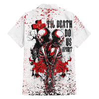 White short-sleeve button-up Hawaiian shirt with skeleton couple and red rose graphic
