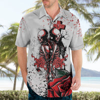 White short-sleeve button-up Hawaiian shirt with skeleton couple and red rose heart design