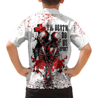 Back view white short-sleeve button-up Hawaiian shirt with skeleton couple and red splatter