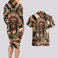 Native American Skull Couples Matching Long Sleeve Bodycon Dress and Hawaiian Shirt with Tribal Prints - Wonder Print Shop