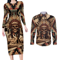 Native American Skull Couples Matching Long Sleeve Bodycon Dress and Long Sleeve Button Shirts with Tribal Prints - Wonder Print Shop