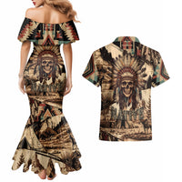 Native American Skull Couples Matching Mermaid Dress and Hawaiian Shirt with Tribal Prints - Wonder Print Shop