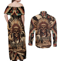 Native American Skull Couples Matching Off Shoulder Maxi Dress and Long Sleeve Button Shirts with Tribal Prints - Wonder Print Shop