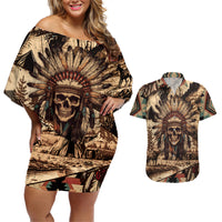 Native American Skull Couples Matching Off Shoulder Short Dress and Hawaiian Shirt with Tribal Prints - Wonder Print Shop