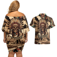 Native American Skull Couples Matching Off Shoulder Short Dress and Hawaiian Shirt with Tribal Prints - Wonder Print Shop