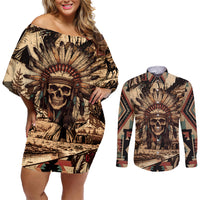 Native American Skull Couples Matching Off Shoulder Short Dress and Long Sleeve Button Shirts with Tribal Prints - Wonder Print Shop