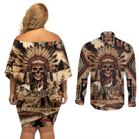 Native American Skull Couples Matching Off Shoulder Short Dress and Long Sleeve Button Shirts with Tribal Prints - Wonder Print Shop