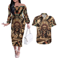 Native American Skull Couples Matching Off The Shoulder Long Sleeve Dress and Hawaiian Shirt with Tribal Prints - Wonder Print Shop