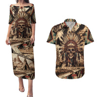 Native American Skull Couples Matching Puletasi Dress and Hawaiian Shirt with Tribal Prints - Wonder Print Shop