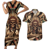Native American Skull Couples Matching Short Sleeve Bodycon Dress and Hawaiian Shirt with Tribal Prints - Wonder Print Shop