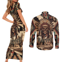 Native American Skull Couples Matching Short Sleeve Bodycon Dress and Long Sleeve Button Shirts with Tribal Prints - Wonder Print Shop