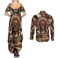 Native American Skull Couples Matching Summer Maxi Dress and Long Sleeve Button Shirts with Tribal Prints - Wonder Print Shop