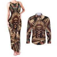 Native American Skull Couples Matching Tank Maxi Dress and Long Sleeve Button Shirts with Tribal Prints - Wonder Print Shop