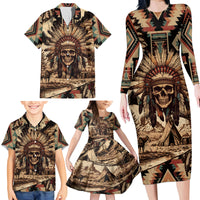 Native American Skull Family Matching Long Sleeve Bodycon Dress and Hawaiian Shirt with Tribal Prints - Wonder Print Shop