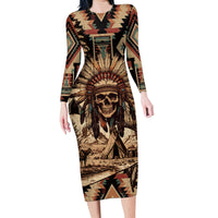 Native American Skull Family Matching Long Sleeve Bodycon Dress and Hawaiian Shirt with Tribal Prints - Wonder Print Shop