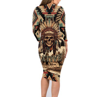 Native American Skull Family Matching Long Sleeve Bodycon Dress and Hawaiian Shirt with Tribal Prints - Wonder Print Shop