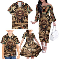 Native American Skull Family Matching Off Shoulder Long Sleeve Dress and Hawaiian Shirt with Tribal Prints - Wonder Print Shop