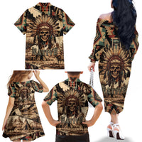 Native American Skull Family Matching Off Shoulder Long Sleeve Dress and Hawaiian Shirt with Tribal Prints - Wonder Print Shop