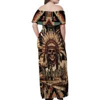 Native American Skull Family Matching Off Shoulder Maxi Dress and Hawaiian Shirt with Tribal Prints - Wonder Print Shop