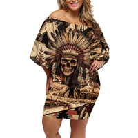 Native American Skull Family Matching Off Shoulder Short Dress and Hawaiian Shirt with Tribal Prints - Wonder Print Shop