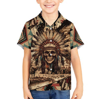 Kids tropical button-up shirt with tan Native skull tribal print, short sleeves
