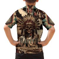 Kids tropical shirt back view with tan Native skull feather graphic and NATIVE text