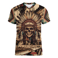 Native American Skull Women V Neck T Shirt with Tribal Prints - Wonder Print Shop