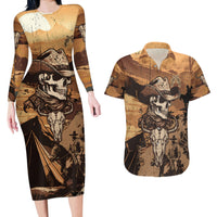 Skull Cowboy Couples Matching Long Sleeve Bodycon Dress and Hawaiian Shirt Rise Em Cowboy - Wonder Print Shop