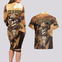 Skull Cowboy Couples Matching Long Sleeve Bodycon Dress and Hawaiian Shirt Rise Em Cowboy - Wonder Print Shop