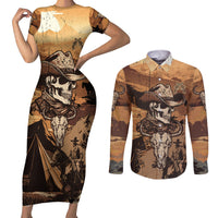 Skull Cowboy Couples Matching Short Sleeve Bodycon Dress and Long Sleeve Button Shirts Rise Em Cowboy - Wonder Print Shop