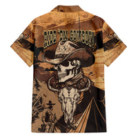 Dark kraft Hawaiian shirt, back cowboy skull graphic with Ride 'Em Cowboys text