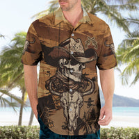 Dark kraft Hawaiian shirt with cowboy skull illustration, short sleeves and button placket