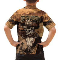 Dark kraft Hawaiian shirt, back cowboy skull print with Ride 'Em Cowboys lettering