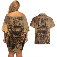 Skull Pirate Couples Matching Off Shoulder Short Dress and Hawaiian Shirt Revenge Vintage Style Art - Wonder Print Shop