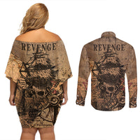 Skull Pirate Couples Matching Off Shoulder Short Dress and Long Sleeve Button Shirts Revenge Vintage Style Art - Wonder Print Shop
