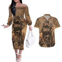 Skull Pirate Couples Matching Off The Shoulder Long Sleeve Dress and Hawaiian Shirt Revenge Vintage Style Art - Wonder Print Shop