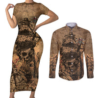 Skull Pirate Couples Matching Short Sleeve Bodycon Dress and Long Sleeve Button Shirts Revenge Vintage Style Art - Wonder Print Shop