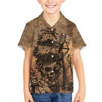 Kids brown pirate Hawaiian shirt with skull and sail graphic, button-up collar