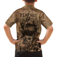 Kids brown pirate Hawaiian shirt back with "REVENGE" text and skull illustration, button-up