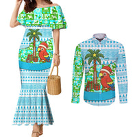 Honduras Christmas Couples Matching Mermaid Dress and Long Sleeve Button Shirt with Santa Parrot Palm Tree and Tropical Gift Pattern Design - Wonder Print Shop