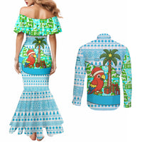Honduras Christmas Couples Matching Mermaid Dress and Long Sleeve Button Shirt with Santa Parrot Palm Tree and Tropical Gift Pattern Design - Wonder Print Shop